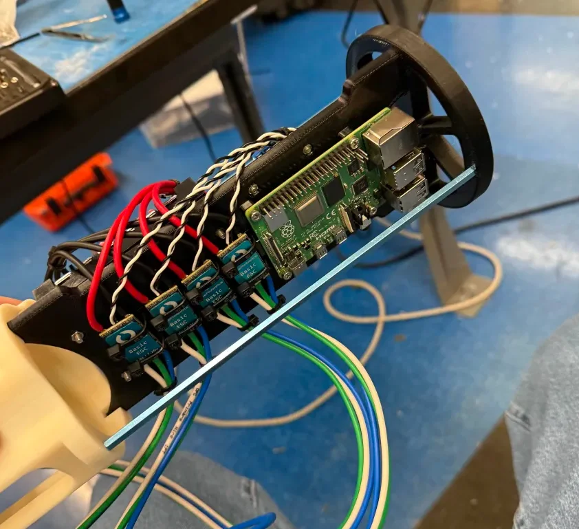 Close-up of the circuitry and mechatronic assembly I helped put together to control the vehicle.